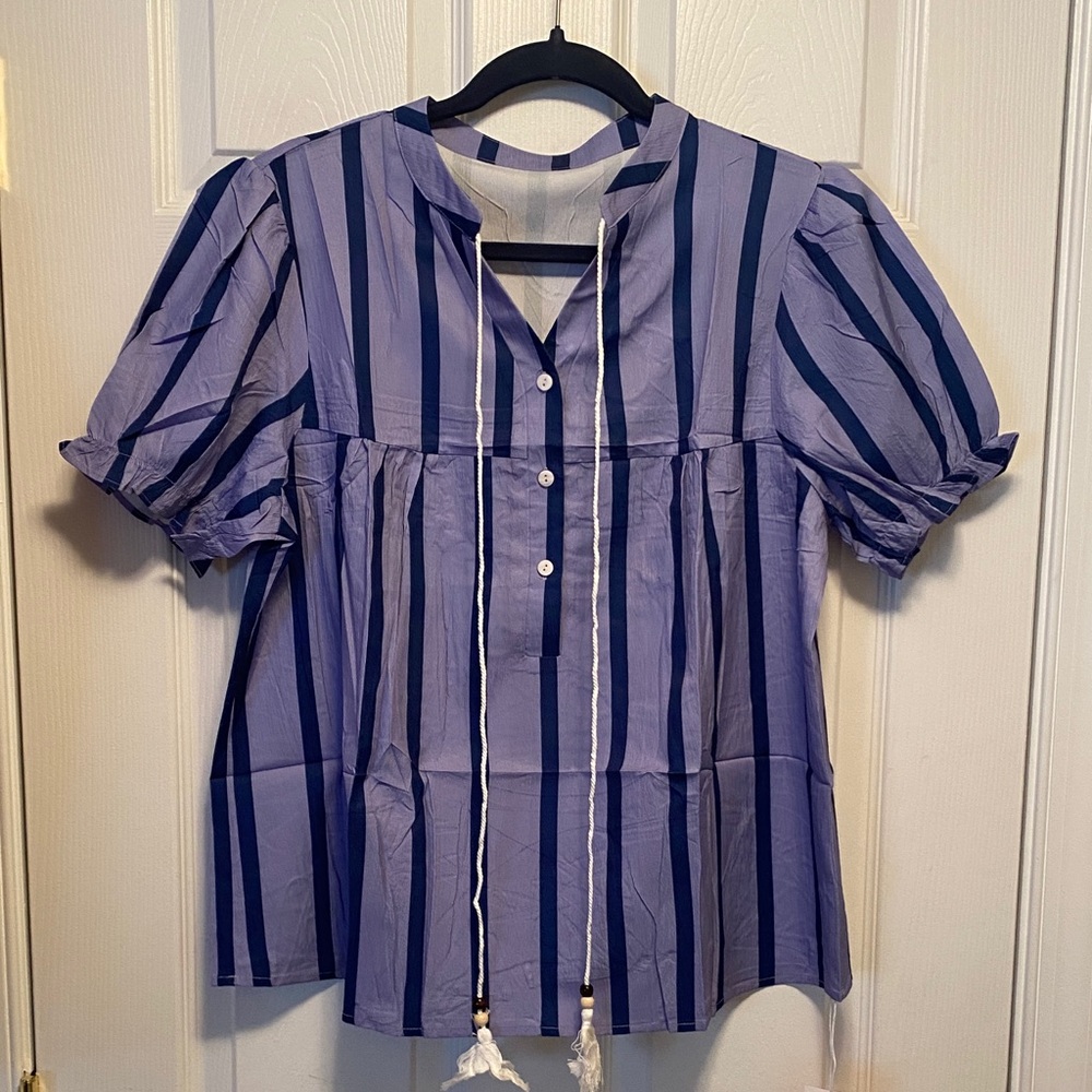 Falechay Purple/Blue Striped Tie Front 1/2 Button Down Top…size L
